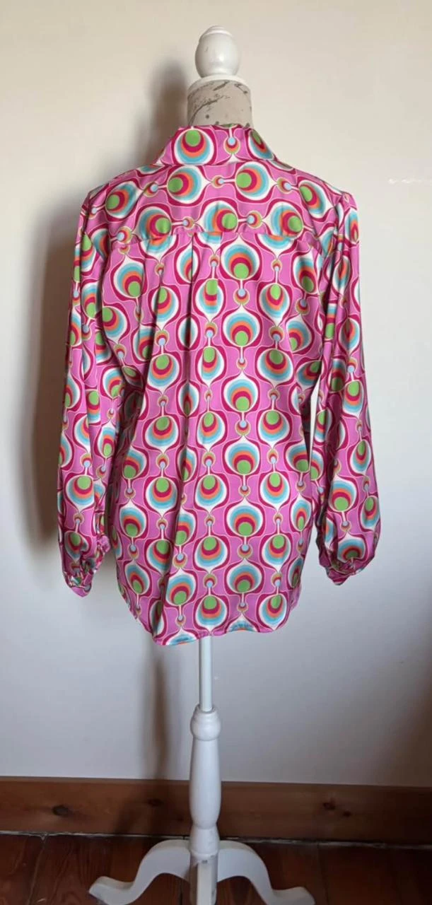 👚 Long satin pink & mint green 70ties blouse with buttons Made in Italy - 44 – photo 6